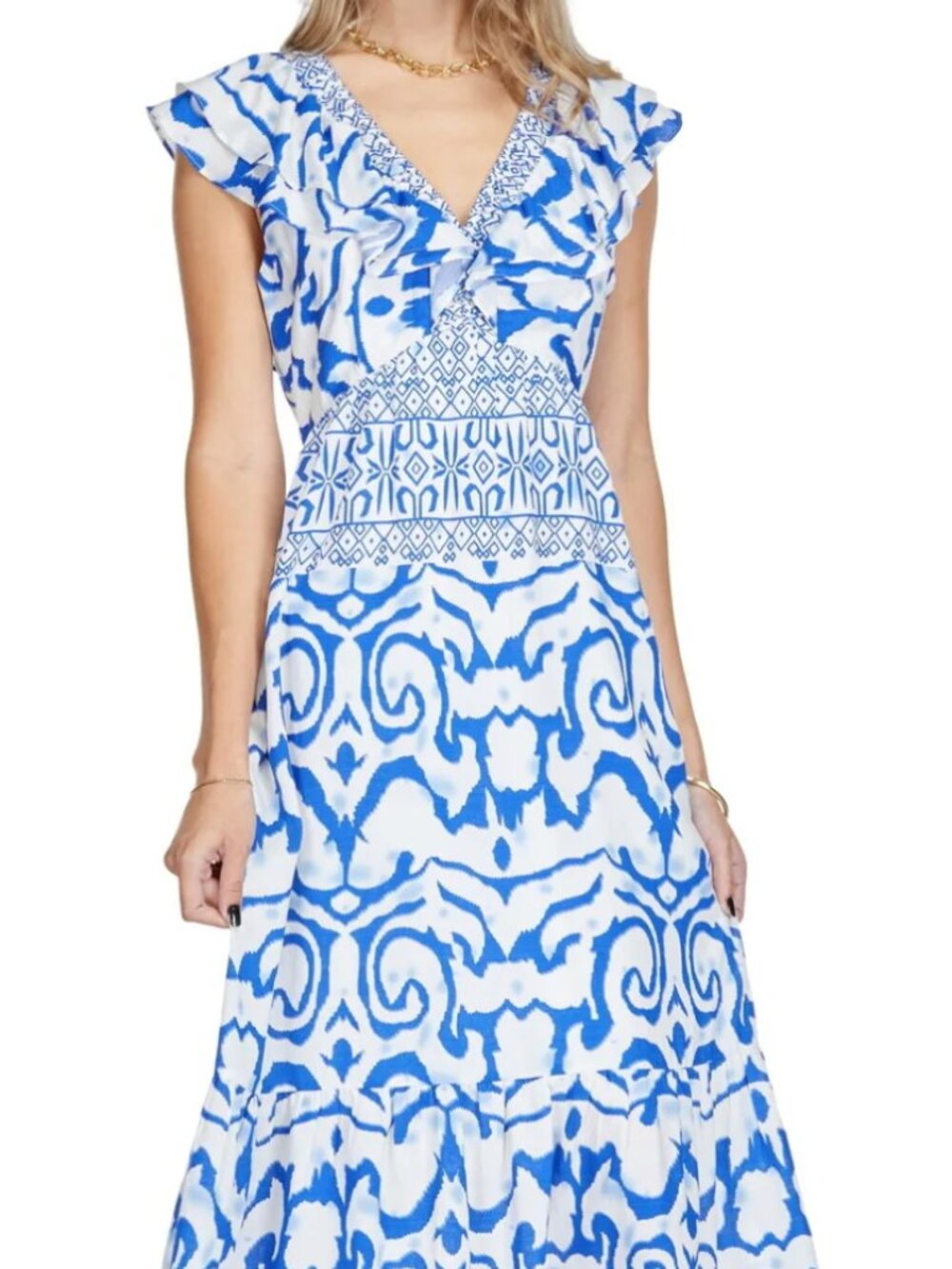Joy Joy Ruched V-Neck Ruffles Maxi Dress